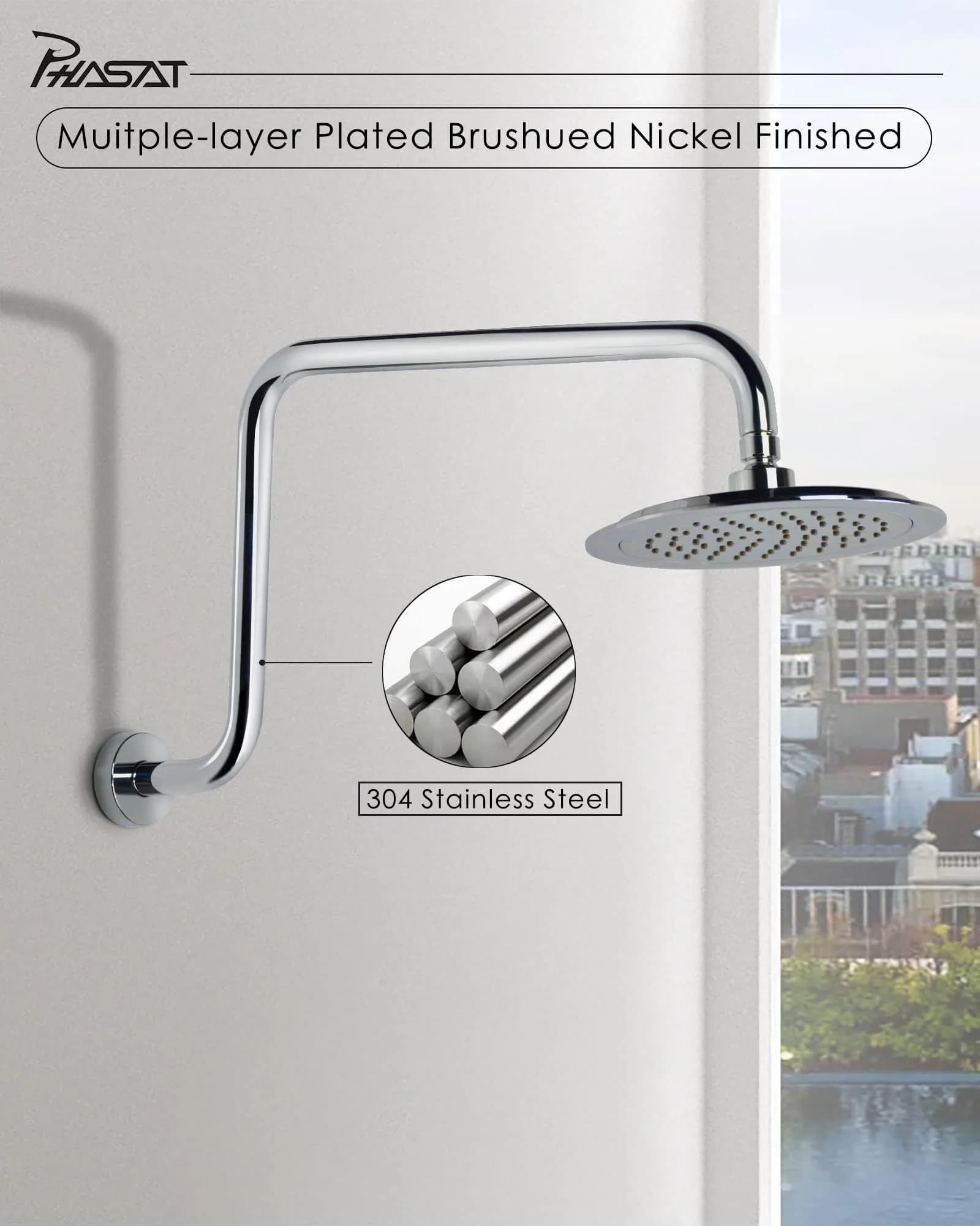 PHASAT S-Shaped Shower Arm 41cm (16.65") with Flange | High Rise Chrome Extension for Rainfall Shower Heads - view 3