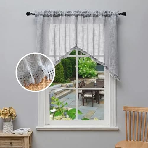 BD BEDA HOME Tassel Linen Textured Swag Curtain Valance, Grey, 36 x 36 in | Light-filtering, airy linen blend for home decor thumbnail 1