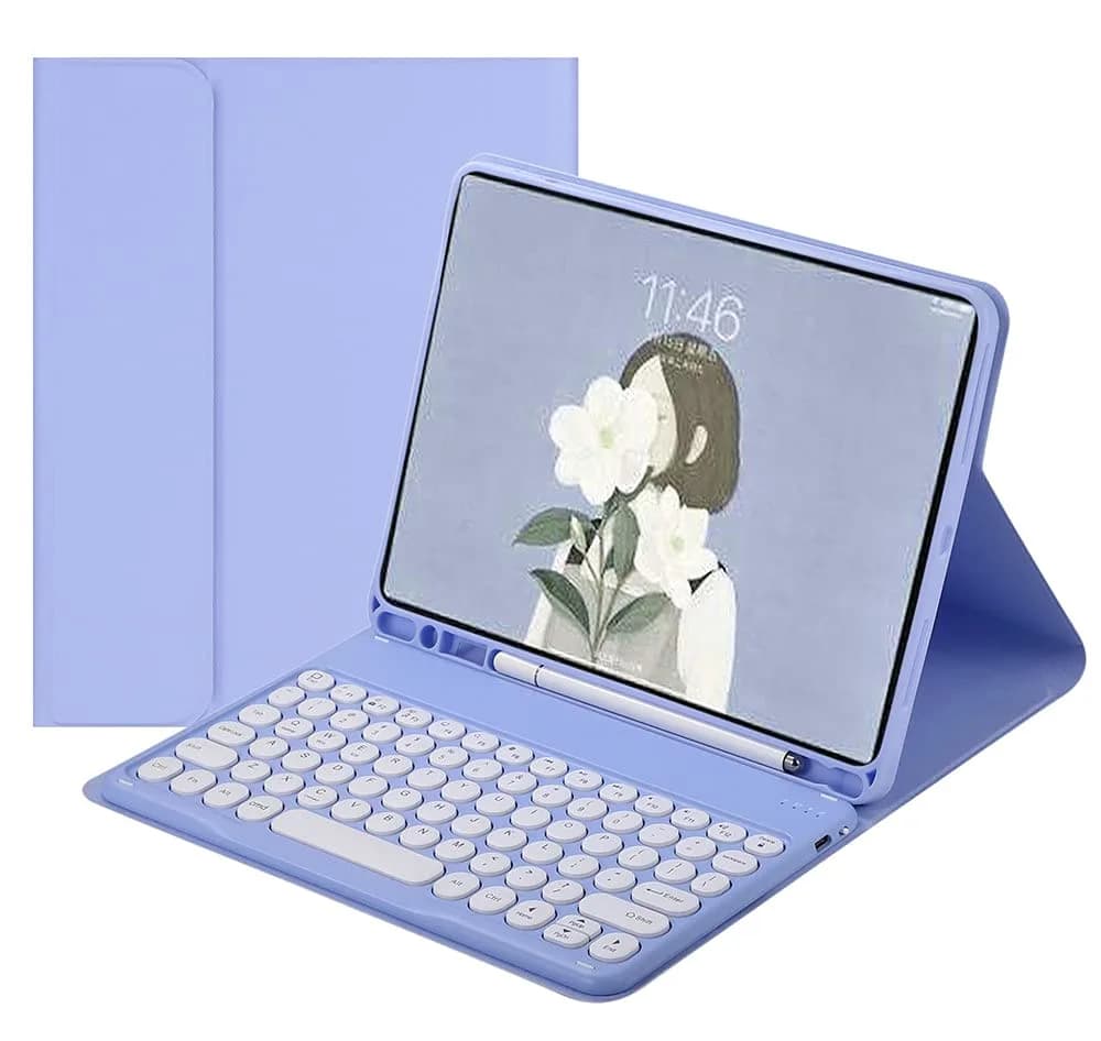 HENGHUI Keyboard Case for iPad Air 13" (M3/M2) & iPad Pro 12.9" (6th/5th/4th/3rd Gen) | Cute Round Key Detachable BT Cover (Black) — Purple