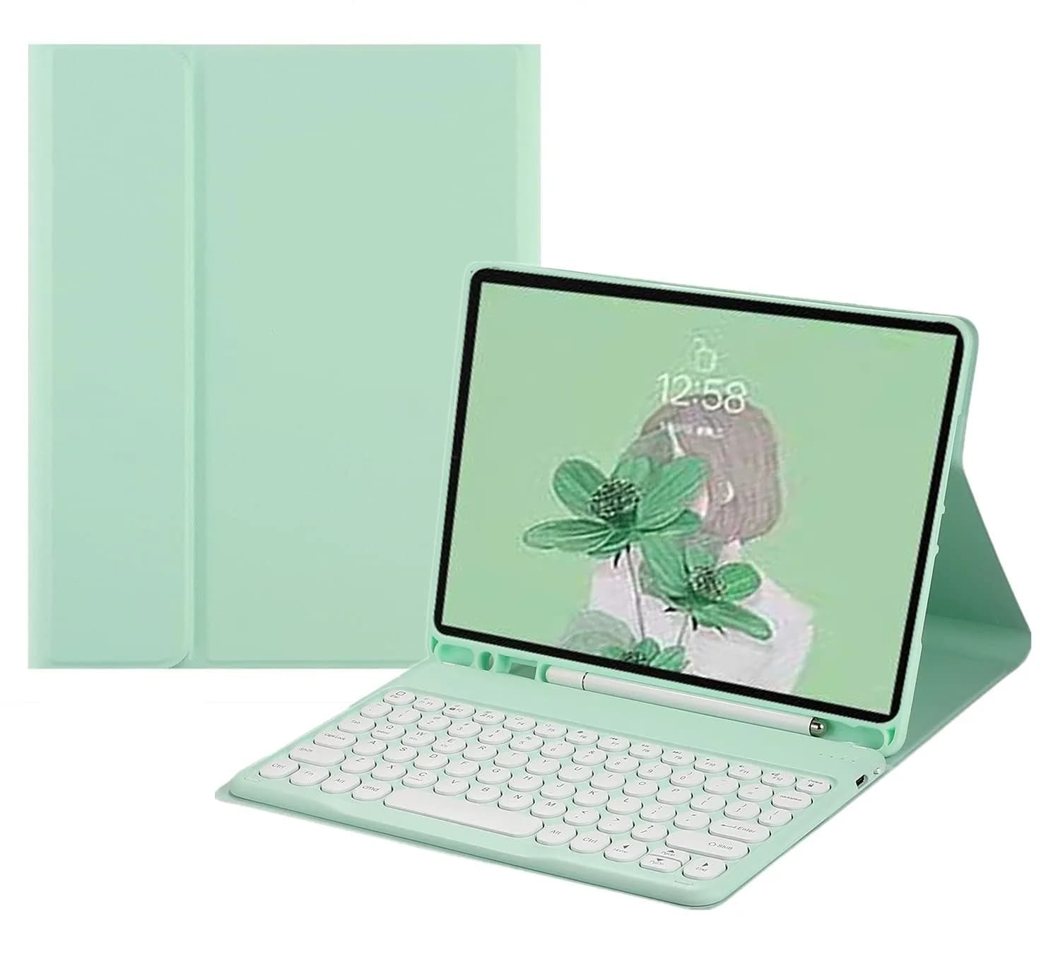 HENGHUI Keyboard Case for iPad Air 13" (M3/M2) & iPad Pro 12.9" (6th/5th/4th/3rd Gen) | Cute Round Key Detachable BT Cover (Black) — MintGreen