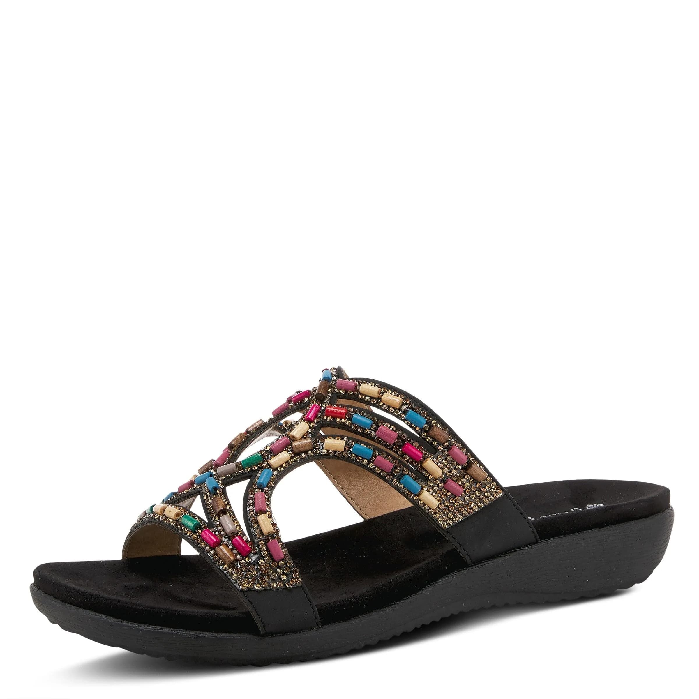 PATRIZIA Twirling Women's Slip-On Sandals – Crystal & Bead Embellished, Microsuede Footbed, 1¼” Heel, Black, EU 36 / US 5.5-6 | Casual Summer Style — 8.5