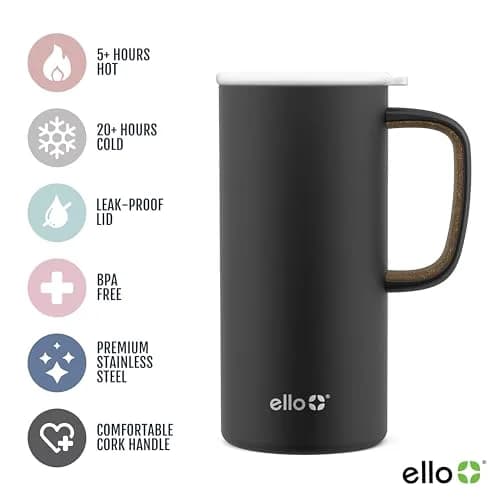 Ello Campy 18oz Insulated Stainless Steel Travel Mug with Handle, Black | Leakproof, Keeps Hot 5h & Cold 20h thumbnail 2