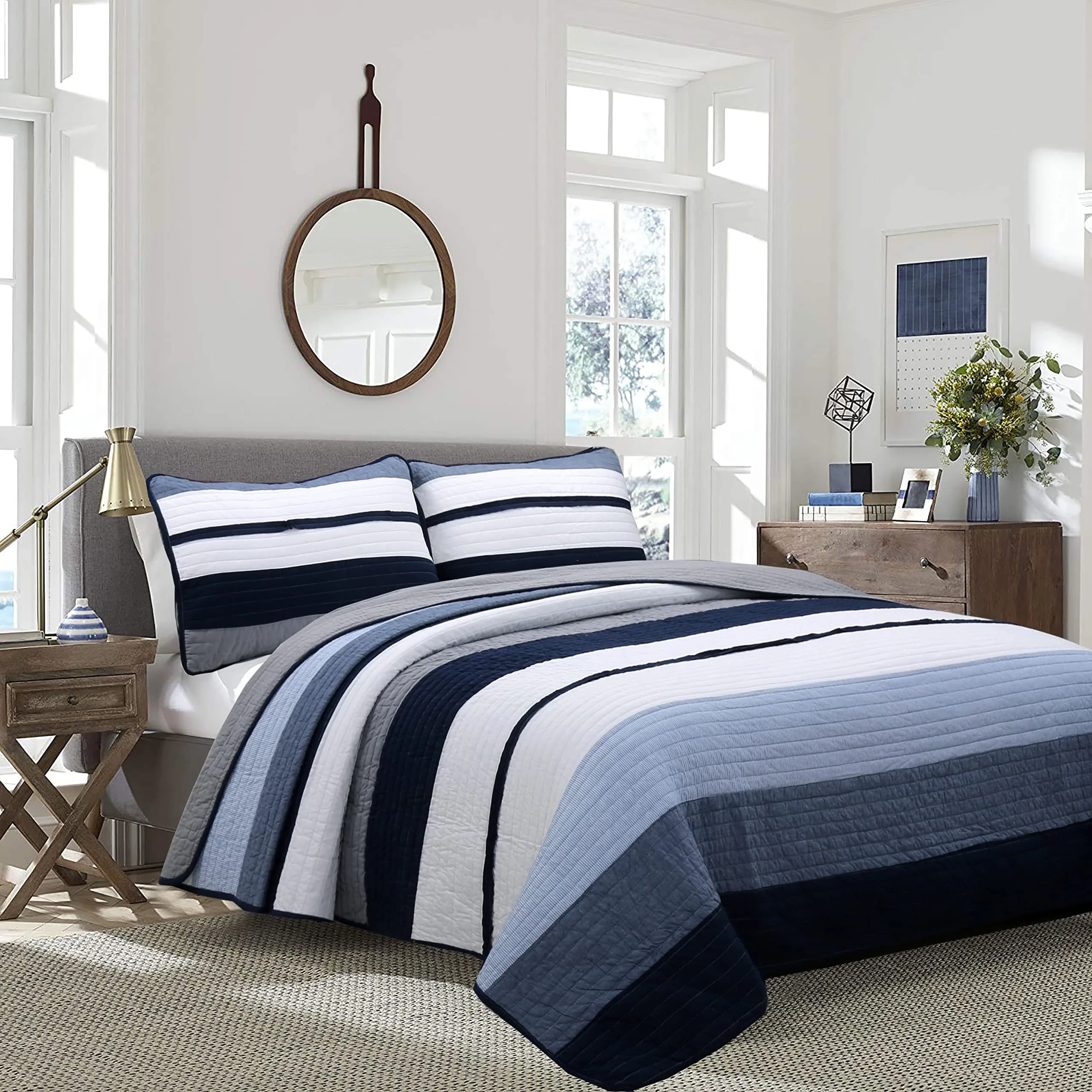 Cozy Line Home Fashions Tranquil Blue Gray Striped Boy 100% Cotton Reversible Quilt Bedding Set, Twin - All-Season (70-120c)