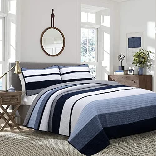 Cozy Line Home Fashions Tranquil Blue Gray Striped Boy 100% Cotton Reversible Quilt Bedding Set, Twin - All-Season (70-120c) thumbnail 1