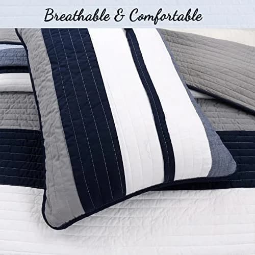 Cozy Line Home Fashions Tranquil Blue Gray Striped Boy 100% Cotton Reversible Quilt Bedding Set, Twin - All-Season (70-120c) thumbnail 4
