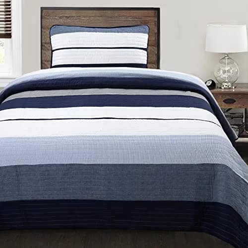 Cozy Line Home Fashions Tranquil Blue Gray Striped Boy 100% Cotton Reversible Quilt Bedding Set, Twin - All-Season (70-120c) thumbnail 2