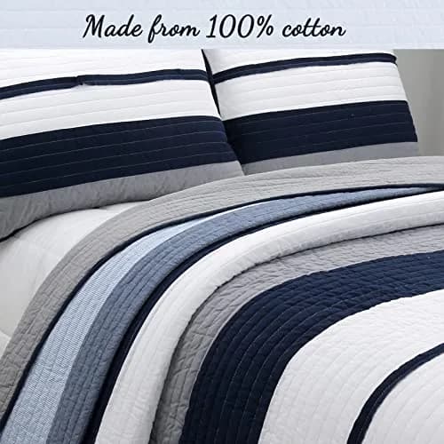 Cozy Line Home Fashions Tranquil Blue Gray Striped Boy 100% Cotton Reversible Quilt Bedding Set, Twin - All-Season (70-120c) thumbnail 3