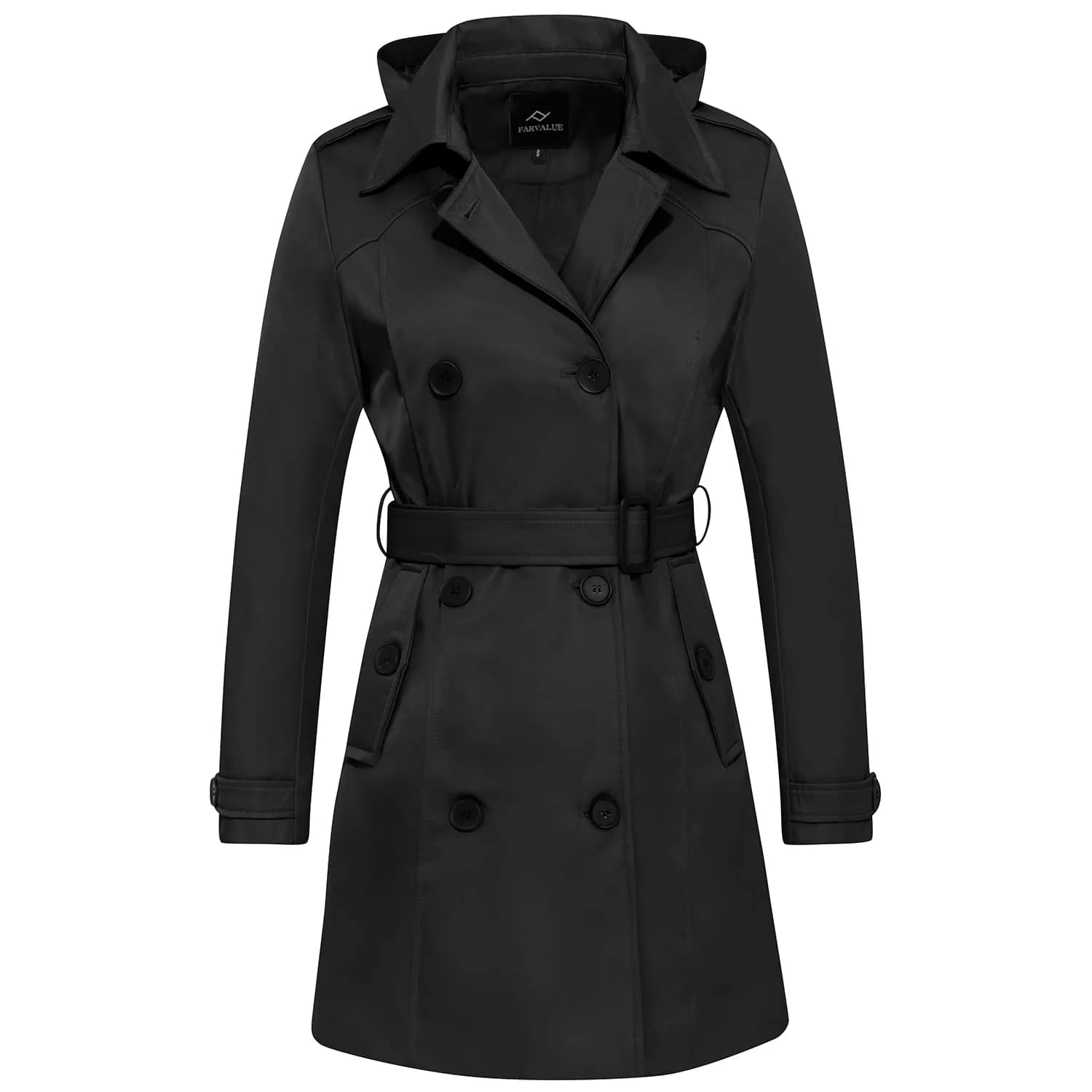 FARVALUE Women's Waterproof Trench Coat Double Breasted Windbreaker Large | Classic Belted Overcoat with Removable Hood