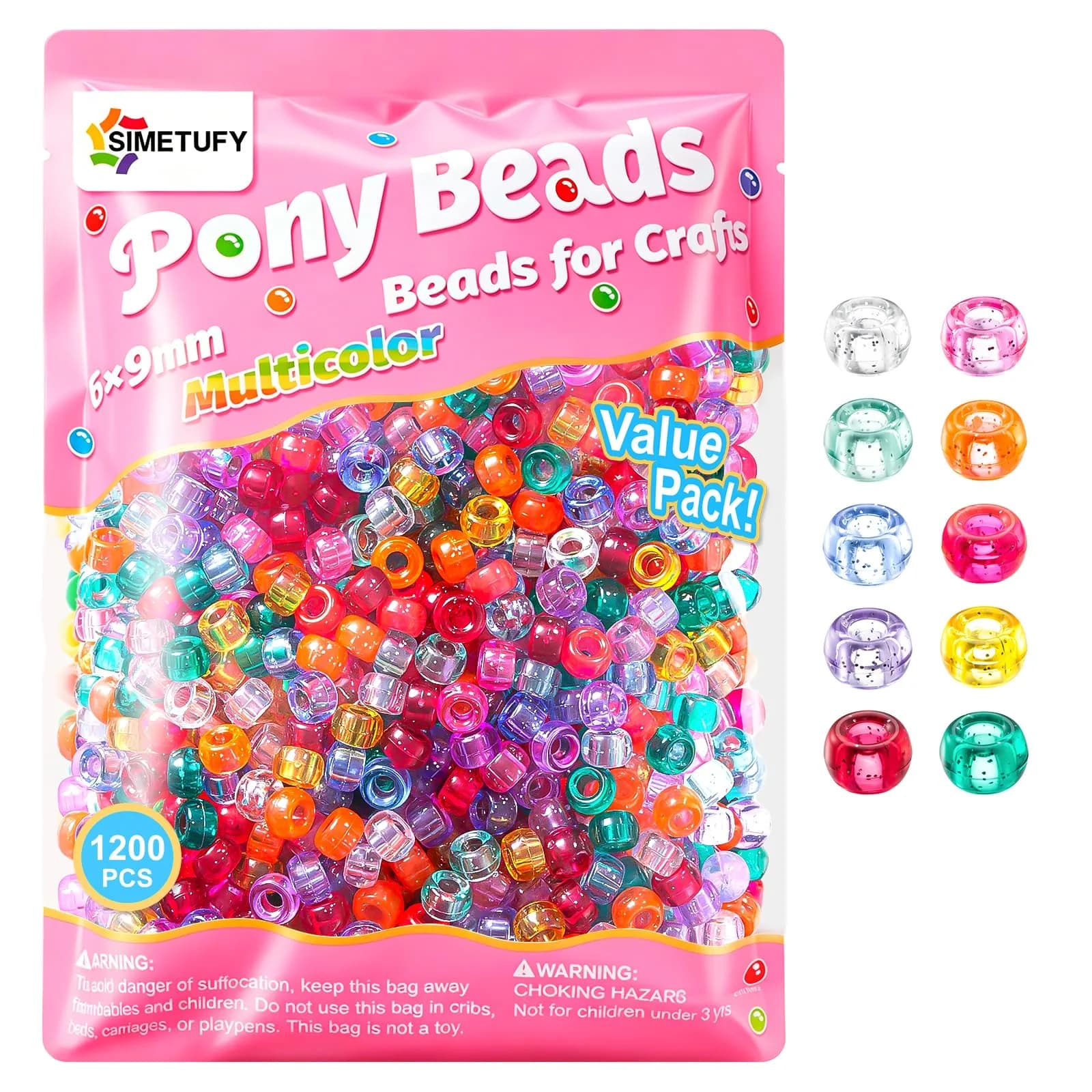 Simetufy Pony Beads 1200 pcs Macaron Pastel Colored Beads for Crafts | 6x9mm Plastic Beads for Jewelry & DIY Projects — Glitter