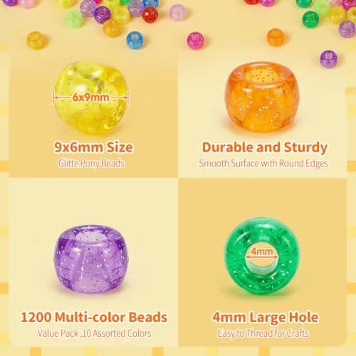 Simetufy 1200 pcs Pony Beads 6x9mm Glitter Clear Plastic Beads Transparent | DIY Craft Supplies for Kids & Adults thumbnail 4