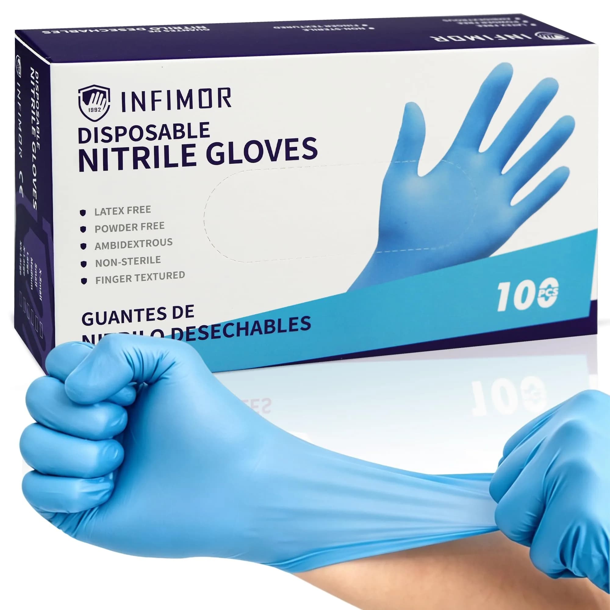 Infimor Nitrile Exam Gloves 3mil Blue X-Large (Pack of 100) | Latex Free, Powder Free, Food Safe - main product image
