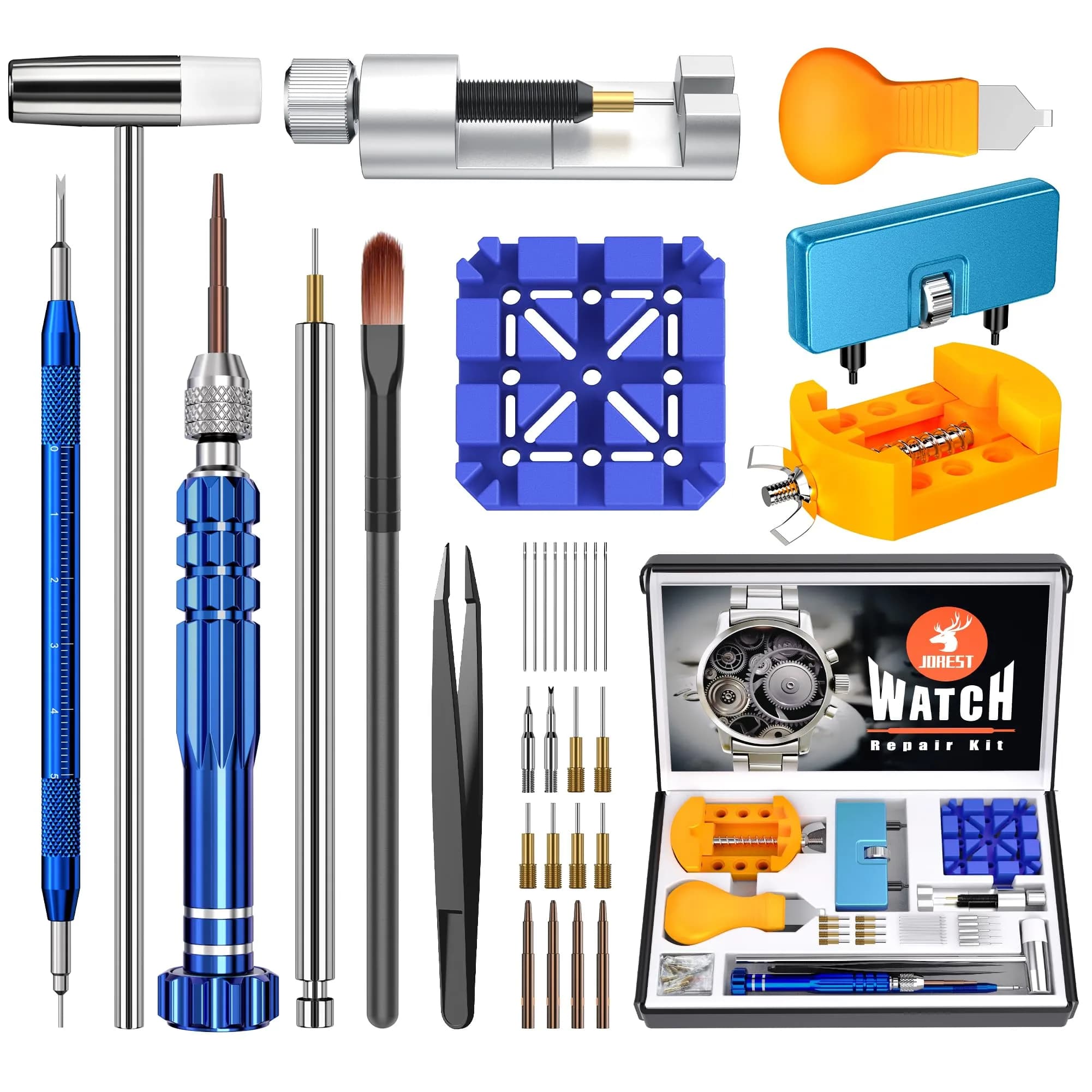 Jorest Watch Repair Kit for Battery Replacement & Link Removal, Resizing & Opener, 15-55mm Case Opener, 5-in-1 Screwdriver Set (Blue/Silver/Yellow/Gold/Black) - main product image