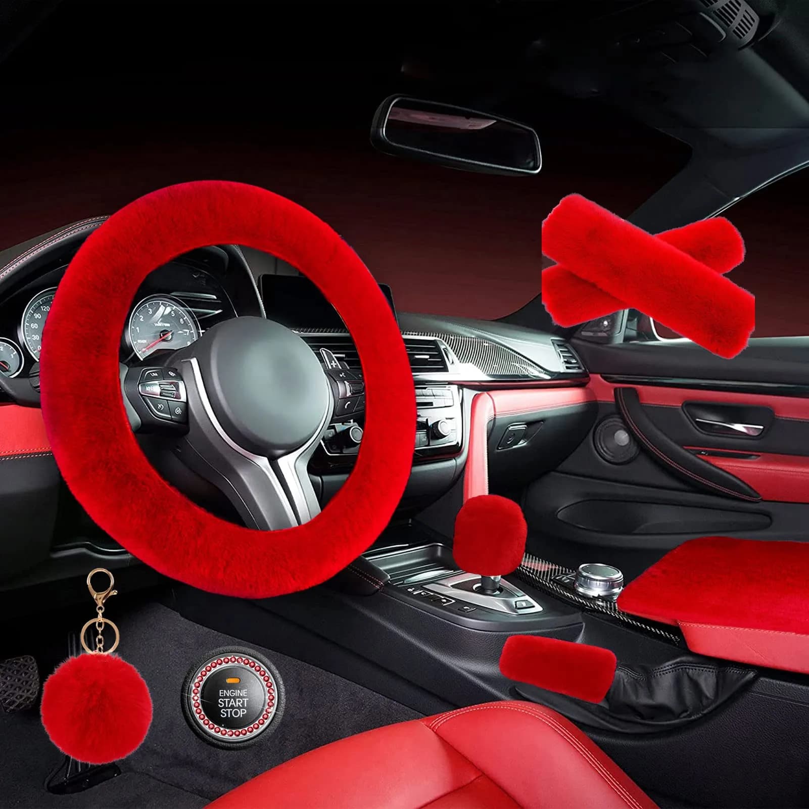 ZYNQACC Fluffy Steering Wheel Cover Set | Warm Soft Fuzzy Car Accessories for Women/Girls (15 Inch, Red) — Red