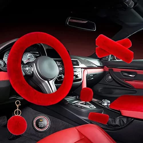 ZYNQACC Fluffy Steering Wheel Cover Set | Warm Soft Fuzzy Car Accessories for Women/Girls (15 Inch, Red) thumbnail 1
