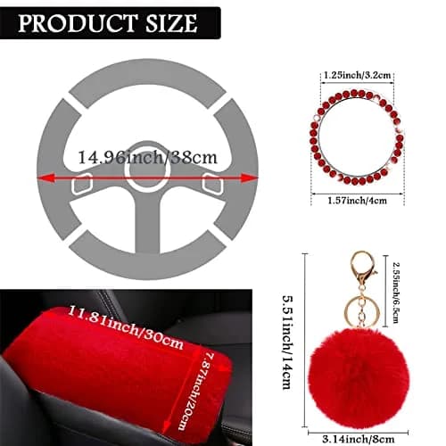 ZYNQACC Fluffy Steering Wheel Cover Set | Warm Soft Fuzzy Car Accessories for Women/Girls (15 Inch, Red) thumbnail 5