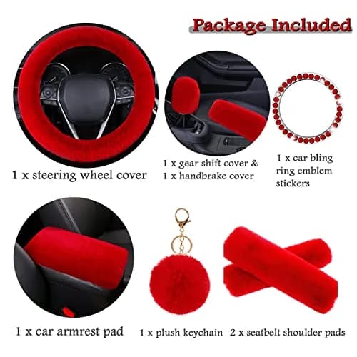 ZYNQACC Fluffy Steering Wheel Cover Set | Warm Soft Fuzzy Car Accessories for Women/Girls (15 Inch, Red) thumbnail 2