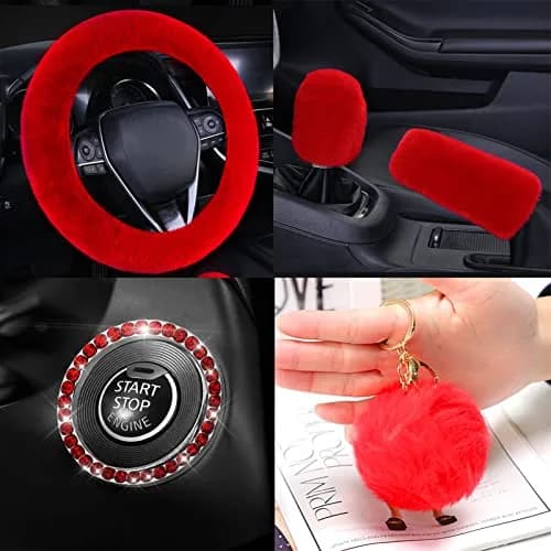 ZYNQACC Fluffy Steering Wheel Cover Set | Warm Soft Fuzzy Car Accessories for Women/Girls (15 Inch, Red) thumbnail 3