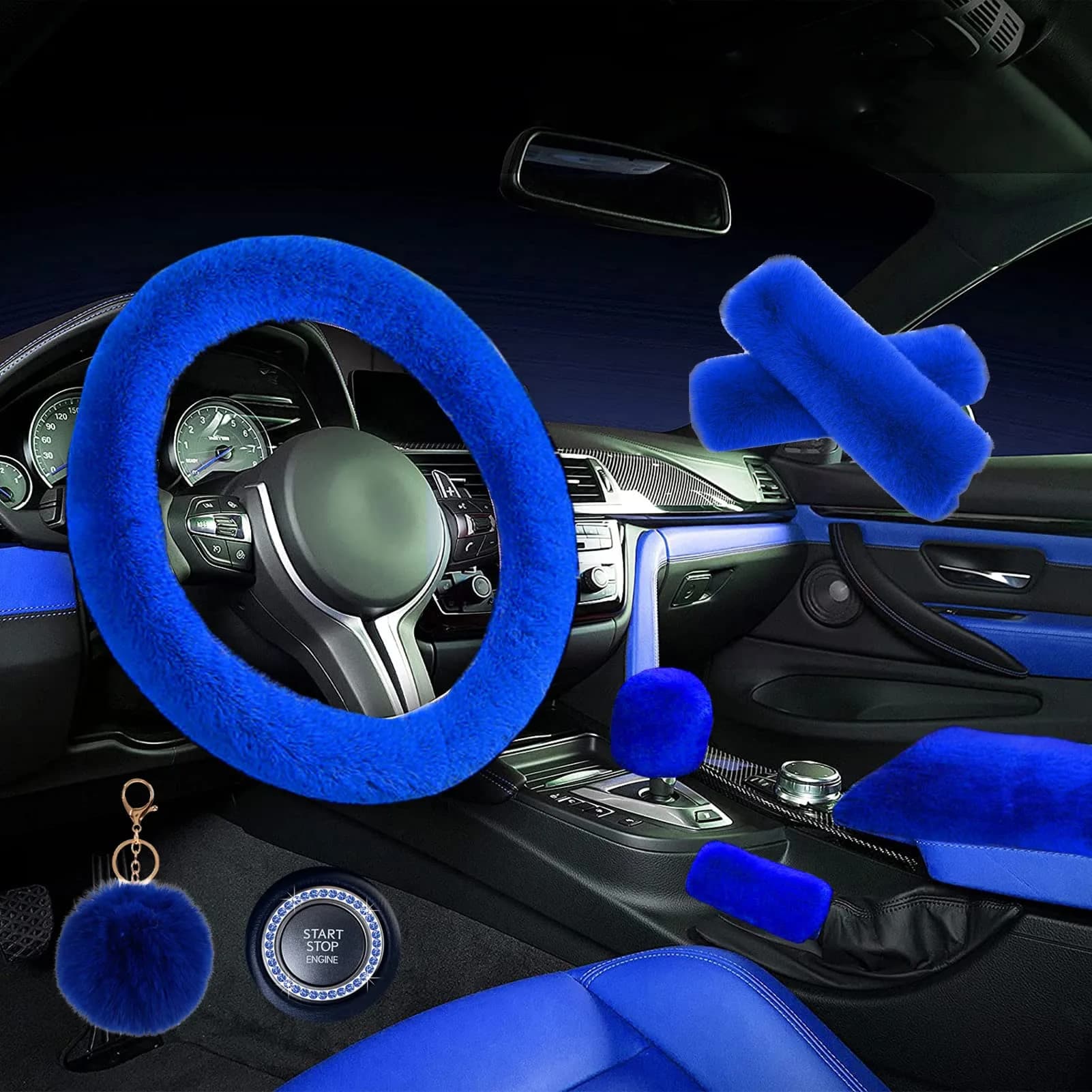 ZYNQACC Fluffy Steering Wheel Cover Set 15 Inches | Warm Soft Fuzzy Car Accessories for Women/Girls