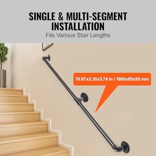 VEVOR Pipe Stair Handrail 6FT | Industrial Carbon Steel Wall Mount Support, 440LBS Load Capacity, Indoor & Outdoor Use thumbnail 4