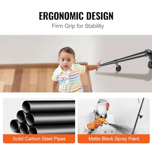 VEVOR Pipe Stair Handrail 6FT | Industrial Carbon Steel Wall Mount Support, 440LBS Load Capacity, Indoor & Outdoor Use thumbnail 5