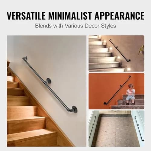 VEVOR Pipe Stair Handrail 6FT | Industrial Carbon Steel Wall Mount Support, 440LBS Load Capacity, Indoor & Outdoor Use thumbnail 6