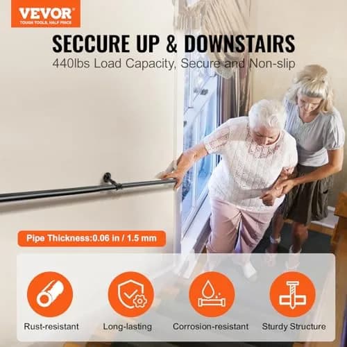 VEVOR Pipe Stair Handrail 6FT | Industrial Carbon Steel Wall Mount Support, 440LBS Load Capacity, Indoor & Outdoor Use thumbnail 2