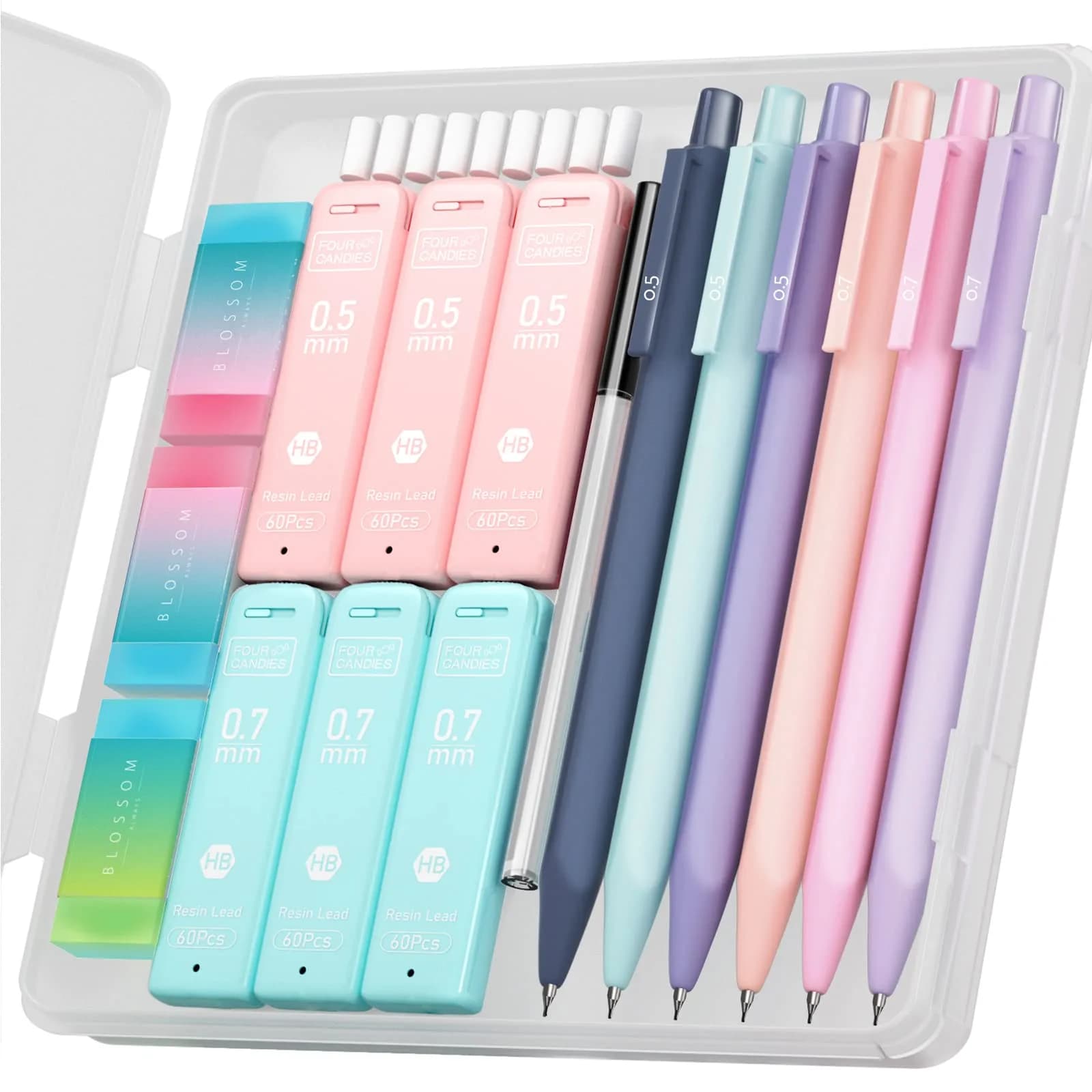 Four Candies Cute Mechanical Pencil Set - 0.5mm & 0.7mm Tips with 6 Pencils, 360 Leads & Erasers - main product image