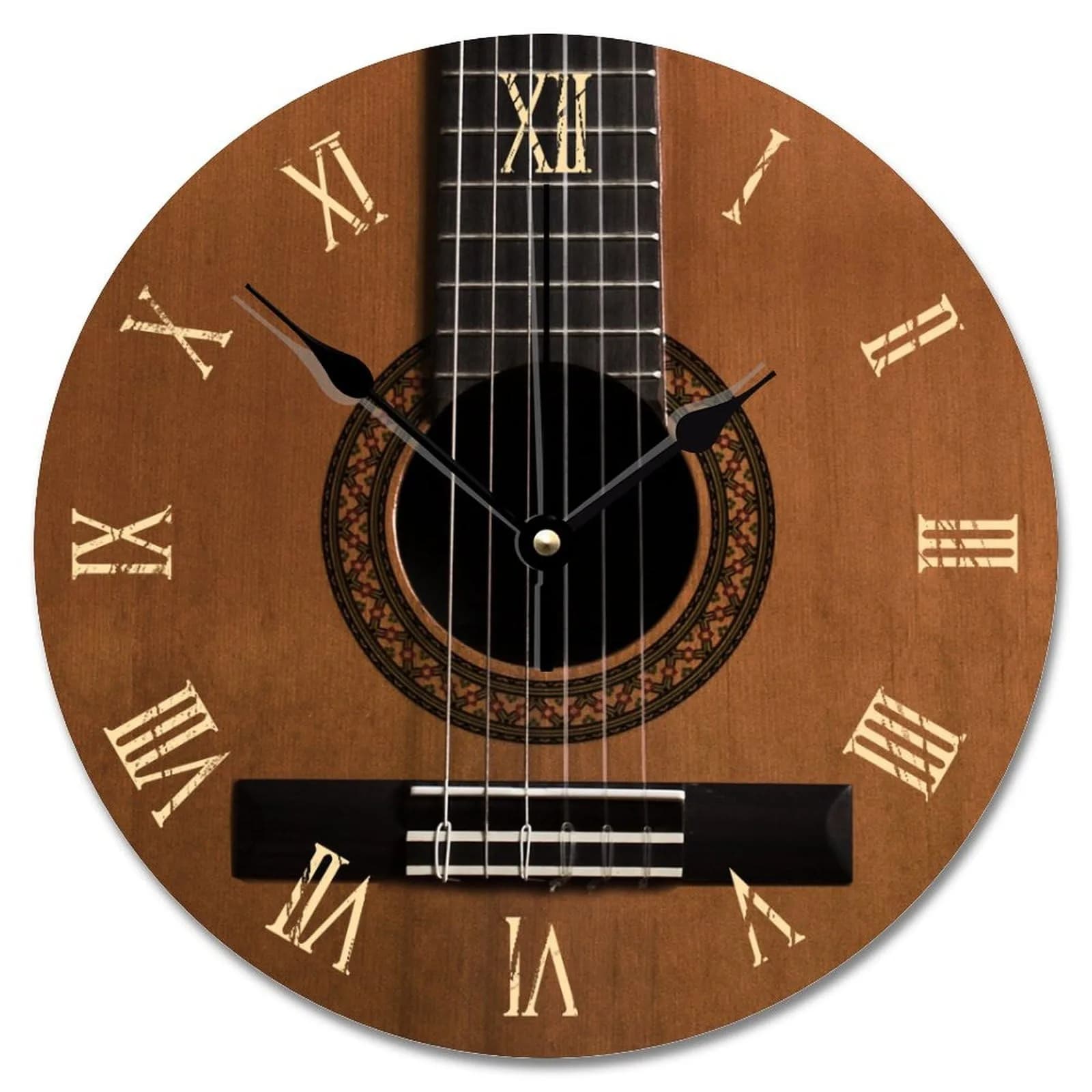 ArogGeld Natural Wood Look Wall Clock Acoustic Guitar Music Clocks Silent Round Wooden Wall Clock Battery Operated for Home Office Decor (10" x 10")
