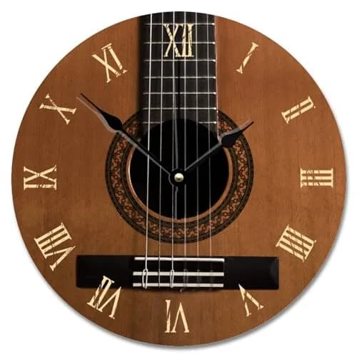 ArogGeld Natural Wood Look Wall Clock Acoustic Guitar Music Clocks Silent Round Wooden Wall Clock Battery Operated for Home Office Decor (10" x 10") thumbnail 1