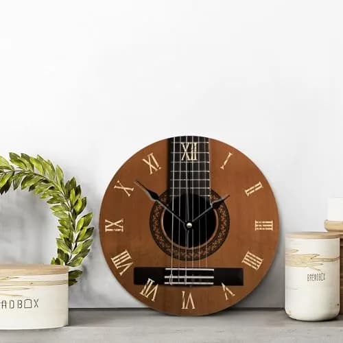 ArogGeld Natural Wood Look Wall Clock Acoustic Guitar Music Clocks Silent Round Wooden Wall Clock Battery Operated for Home Office Decor (10" x 10") thumbnail 5