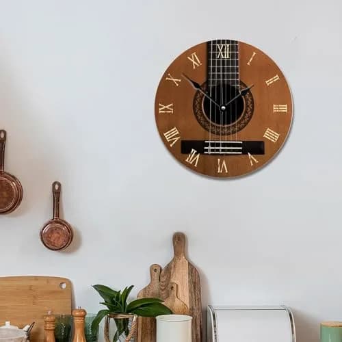 ArogGeld Natural Wood Look Wall Clock Acoustic Guitar Music Clocks Silent Round Wooden Wall Clock Battery Operated for Home Office Decor (10" x 10") thumbnail 6