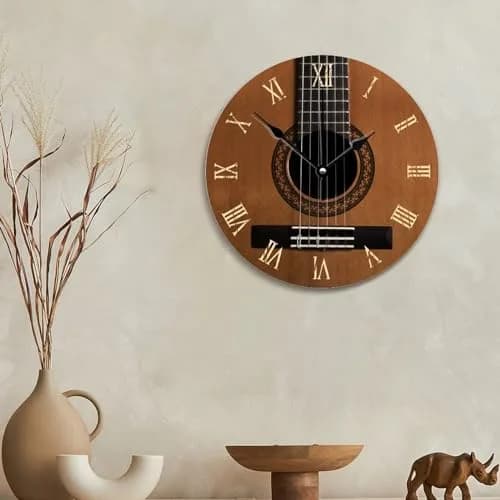 ArogGeld Natural Wood Look Wall Clock Acoustic Guitar Music Clocks Silent Round Wooden Wall Clock Battery Operated for Home Office Decor (10" x 10") thumbnail 2