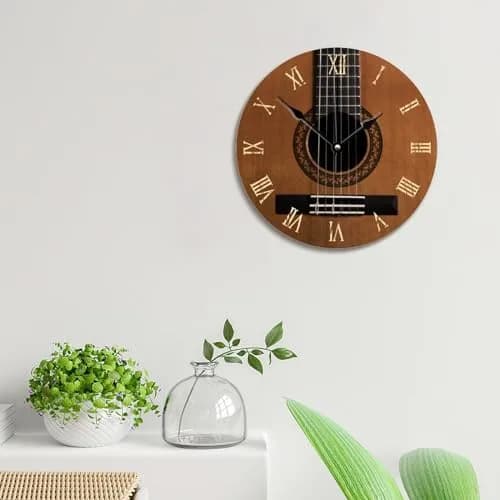 ArogGeld Natural Wood Look Wall Clock Acoustic Guitar Music Clocks Silent Round Wooden Wall Clock Battery Operated for Home Office Decor (10" x 10") thumbnail 3