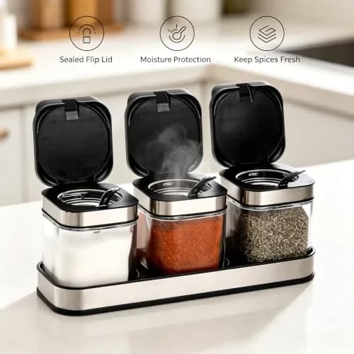DEAYOU 3 Pack Glass Seasoning Box with Tray | Clear Condiment Canisters with Stainless Steel Lid & Spoon thumbnail 5