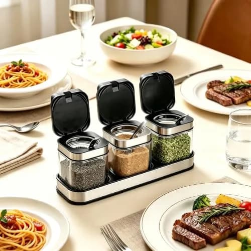 DEAYOU 3 Pack Glass Seasoning Box with Tray | Clear Condiment Canisters with Stainless Steel Lid & Spoon thumbnail 6