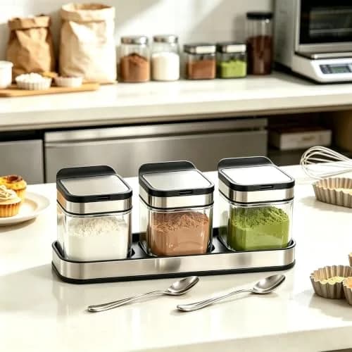 DEAYOU 3 Pack Glass Seasoning Box with Tray | Clear Condiment Canisters with Stainless Steel Lid & Spoon thumbnail 7