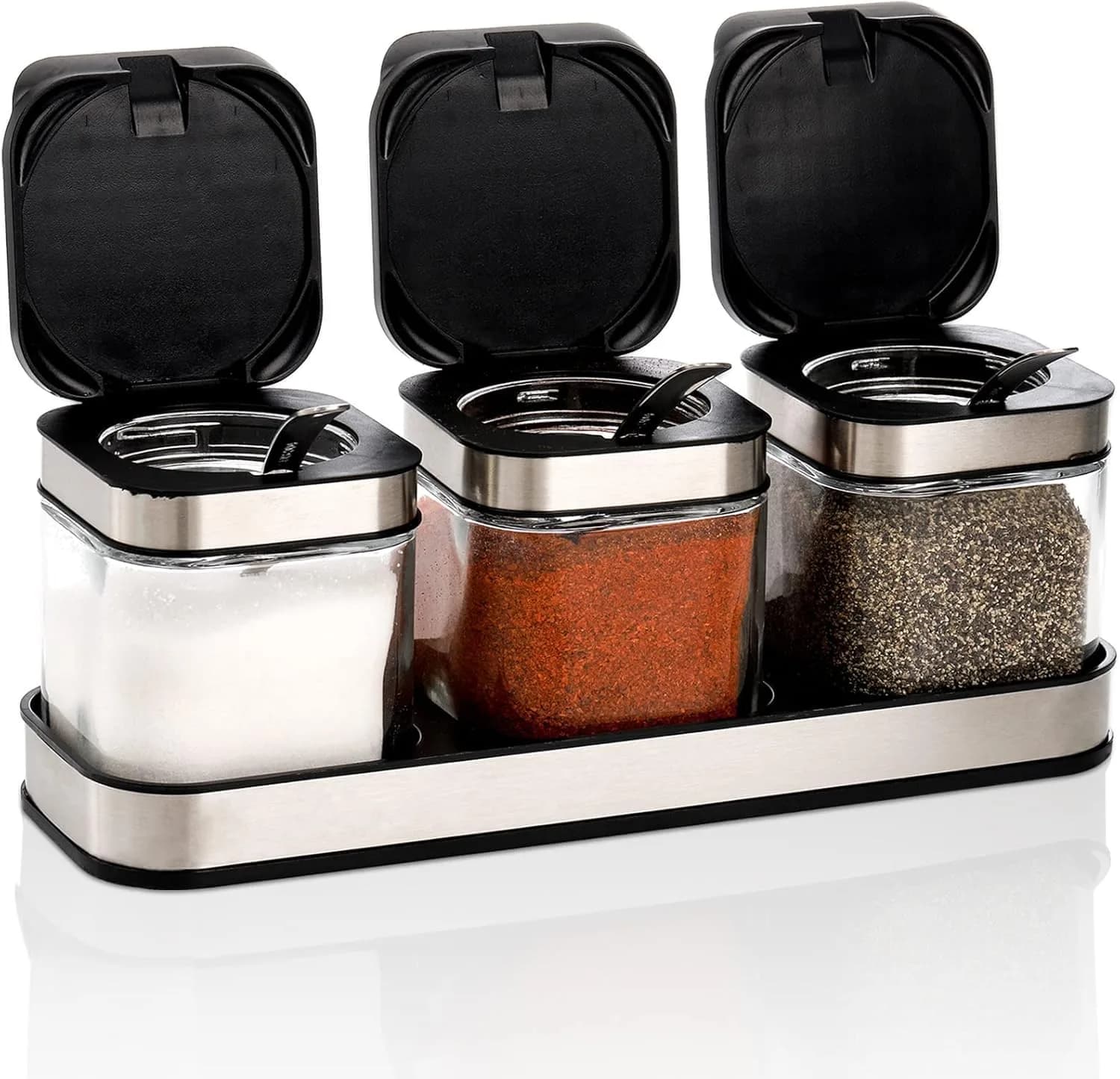 DEAYOU 3 Pack Glass Seasoning Box with Tray | Clear Condiment Canisters with Stainless Steel Lid & Spoon — Clear