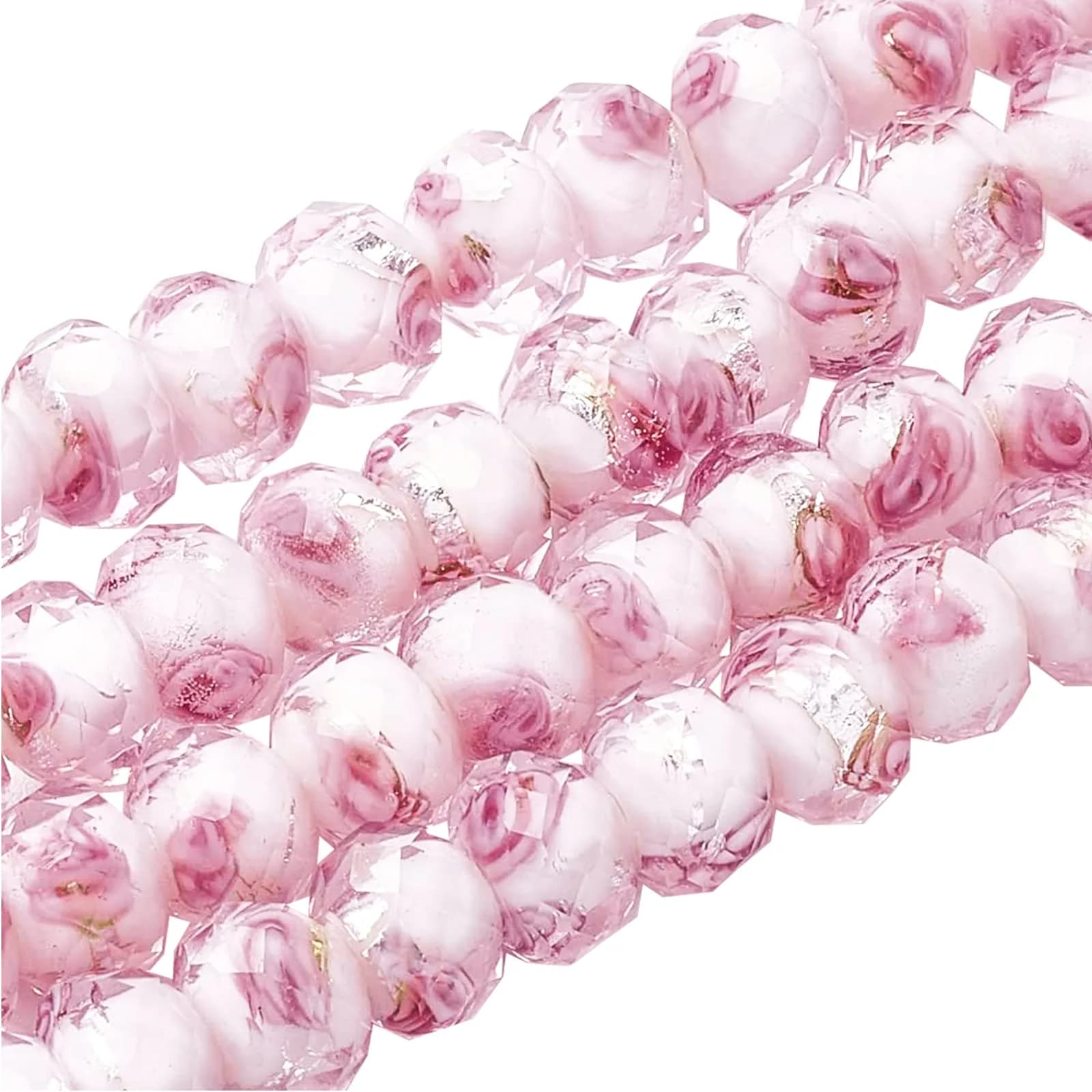 PH PandaHall 8mm Rose Lampwork Beads | 70pcs Glass Beads with 2mm Hole, Silver Foil Flower Design - main product image