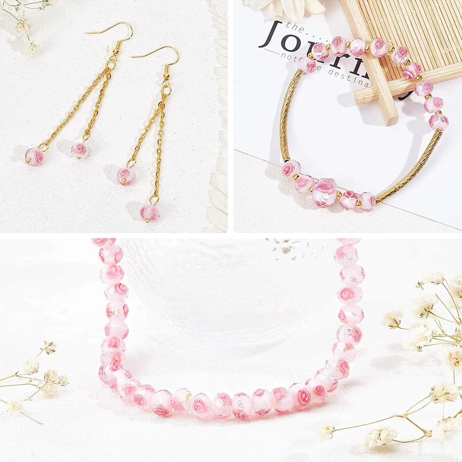 PH PandaHall 8mm Rose Lampwork Beads | 70pcs Glass Beads with 2mm Hole, Silver Foil Flower Design - view 6