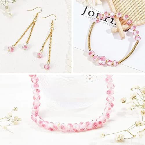PH PandaHall 8mm Rose Lampwork Beads | 70pcs Glass Beads with 2mm Hole, Silver Foil Flower Design thumbnail 6