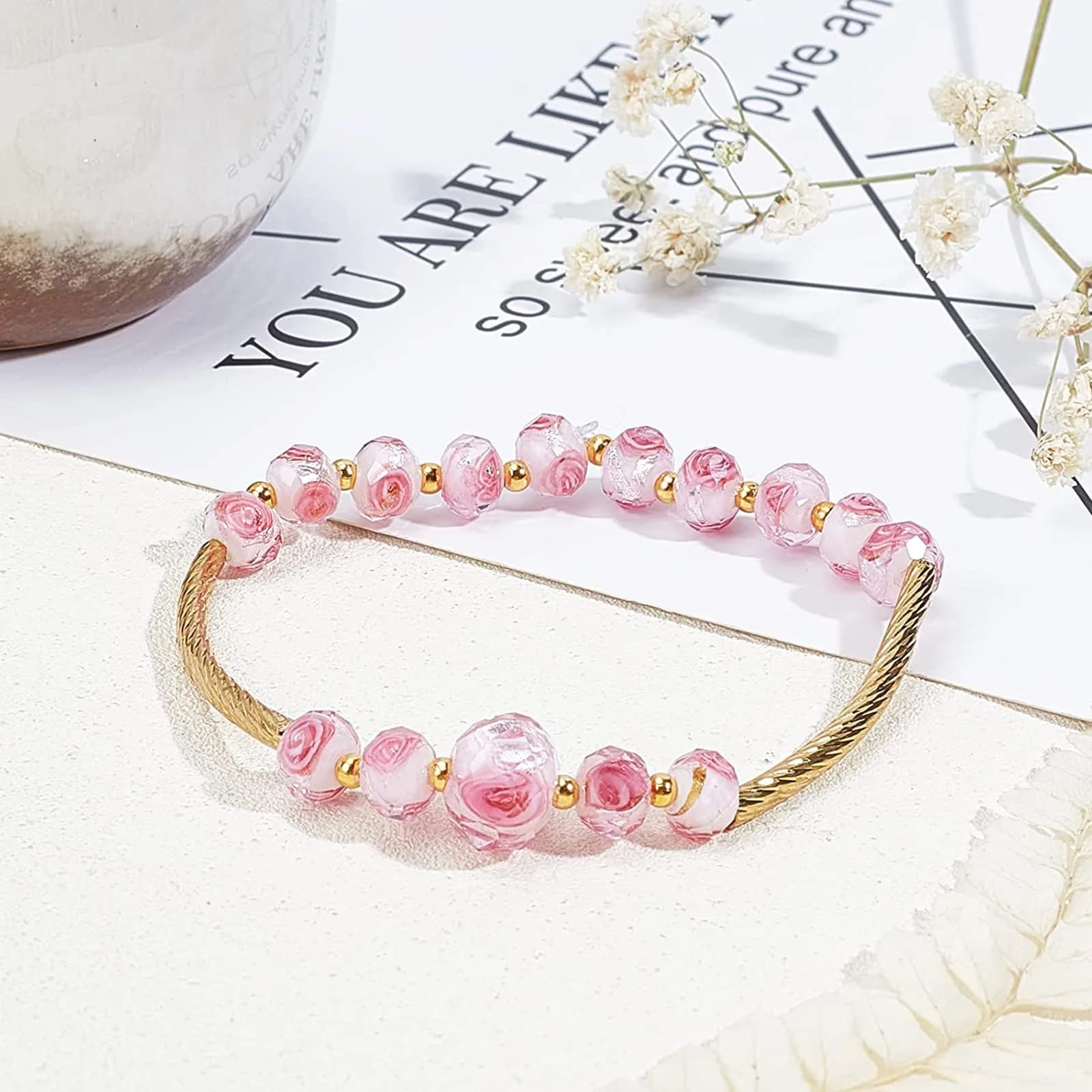 PH PandaHall 8mm Rose Lampwork Beads | 70pcs Glass Beads with 2mm Hole, Silver Foil Flower Design - view 7