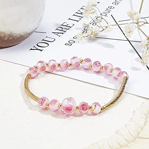 PH PandaHall 8mm Rose Lampwork Beads | 70pcs Glass Beads with 2mm Hole, Silver Foil Flower Design thumbnail 7