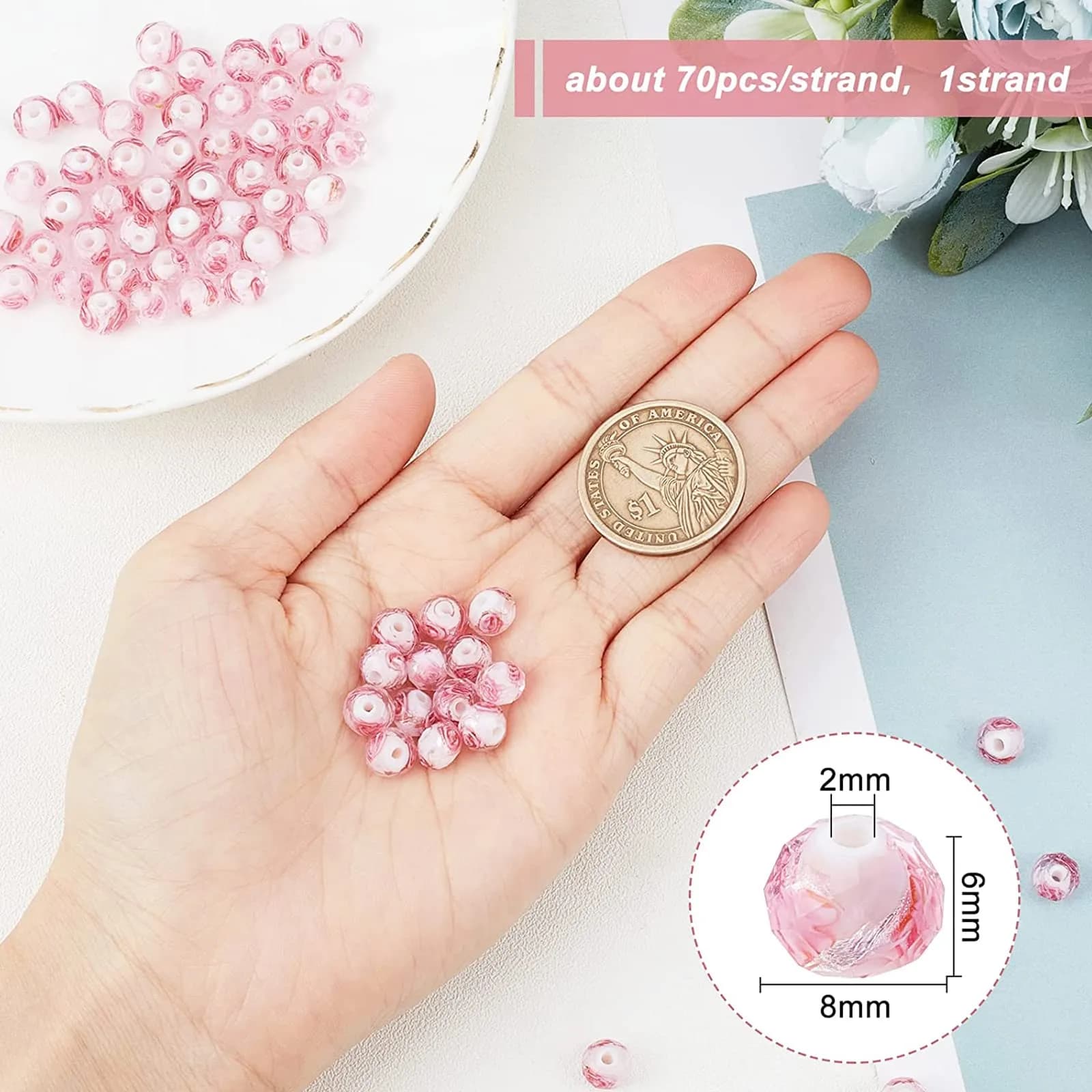 PH PandaHall 8mm Rose Lampwork Beads | 70pcs Glass Beads with 2mm Hole, Silver Foil Flower Design - view 2