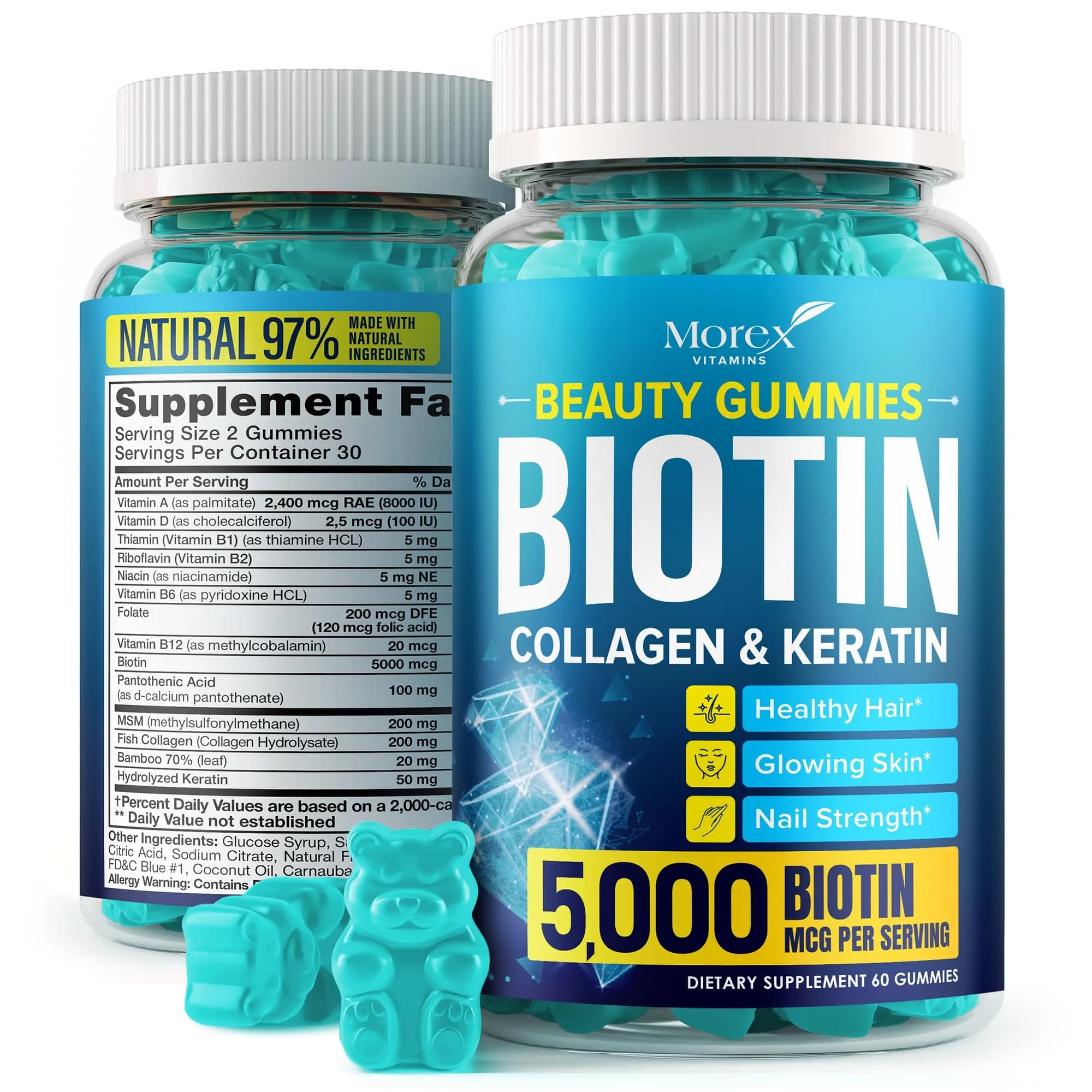 MOREX VITAMINS Biotin Collagen Keratin Gummies | Hair Growth Support for Women & Men, 60pcs
