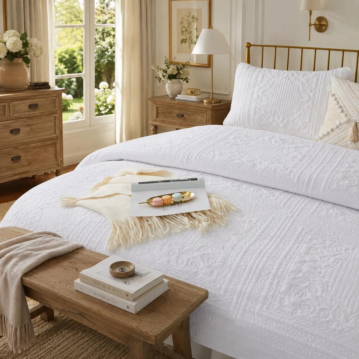 Brandream White Cotton Quilt Set Twin Size | Elegant & Breathable (70-120 chars)