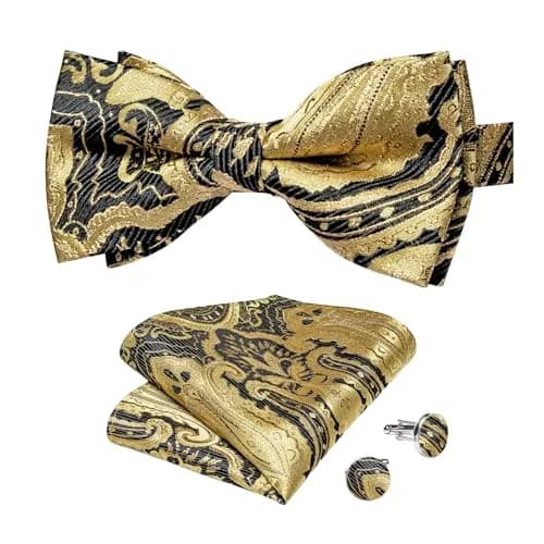 DiBanGu Silk Bow Tie Pre-Tied Bowtie Set for Men In Gift Box,Gold Black | Adjustable Classic Pattern thumbnail 1