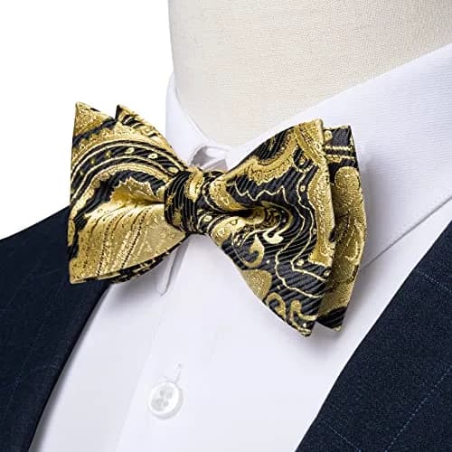 DiBanGu Silk Bow Tie Pre-Tied Bowtie Set for Men In Gift Box,Gold Black | Adjustable Classic Pattern thumbnail 5