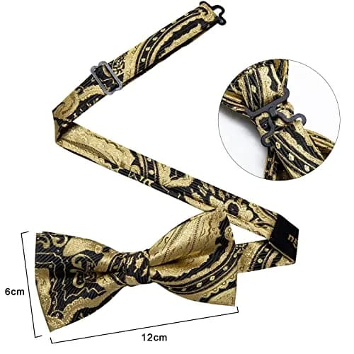 DiBanGu Silk Bow Tie Pre-Tied Bowtie Set for Men In Gift Box,Gold Black | Adjustable Classic Pattern thumbnail 6