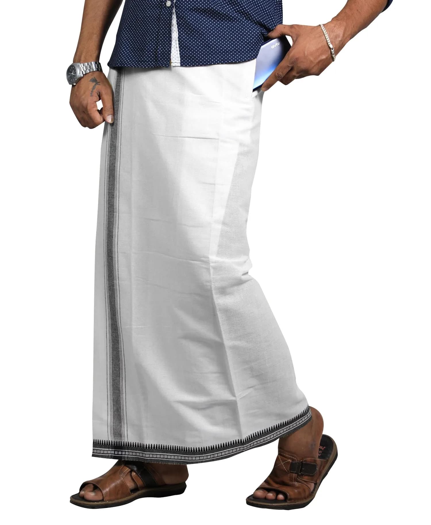 PRAKASAM COTTON Kerala Thalapathi Border Dhoti | Pure Cotton, Adjustable Velcro, White, Large — White