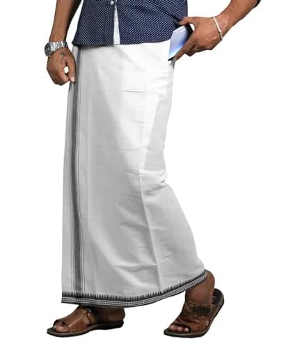 PRAKASAM COTTON Kerala Thalapathi Border Dhoti | Pure Cotton, Adjustable Velcro, White, Large thumbnail 1